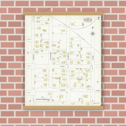 Old map wall art mockup — magnetic wood frame on brick wall — Sanborn Fire Insurance Map from Gainesville, Cooke County, Texas (1908), Sheet #0007