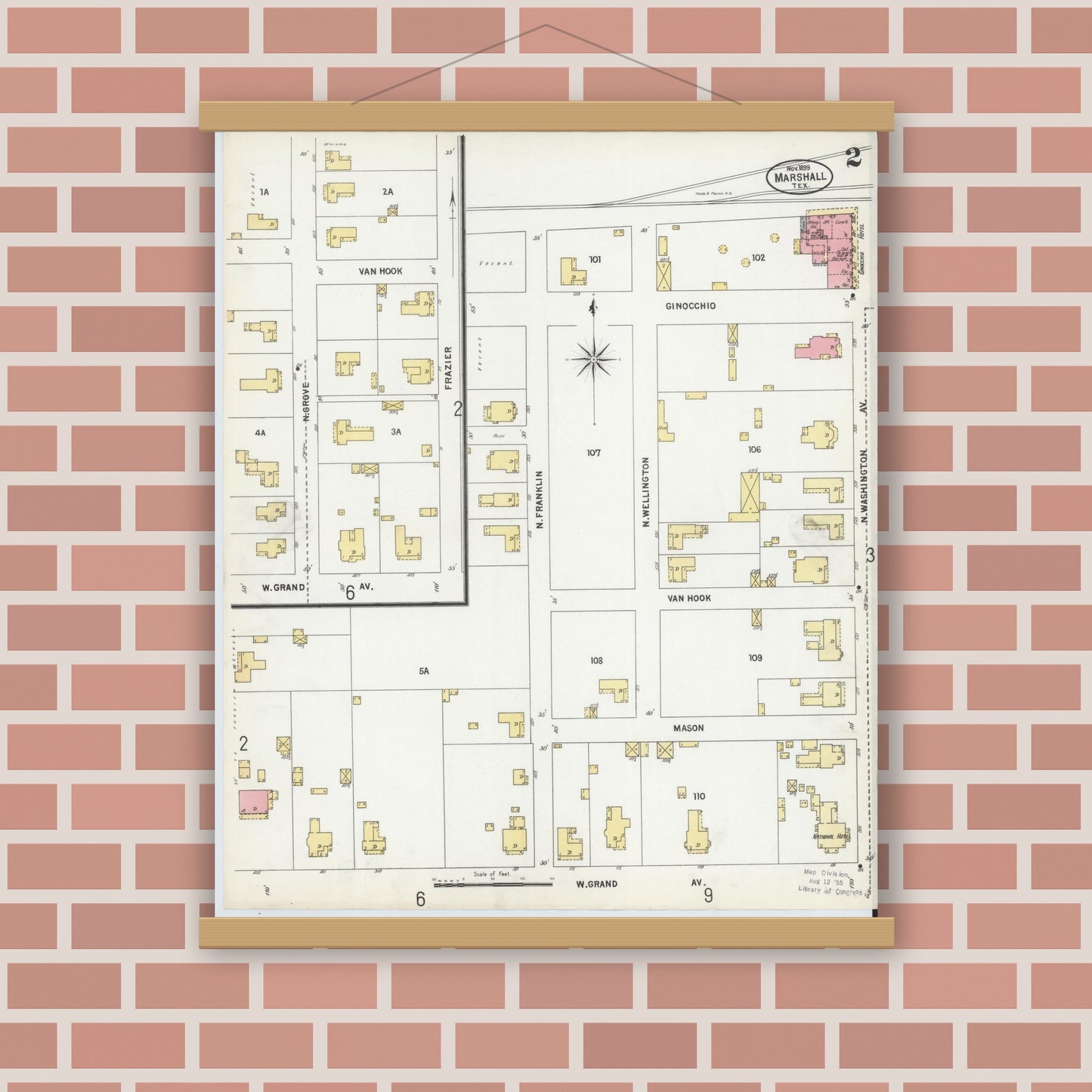 Old map wall art mockup — magnetic wood frame on brick wall — Sanborn Fire Insurance Map from Marshall, Harrison County, Texas (1899), Sheet #0002