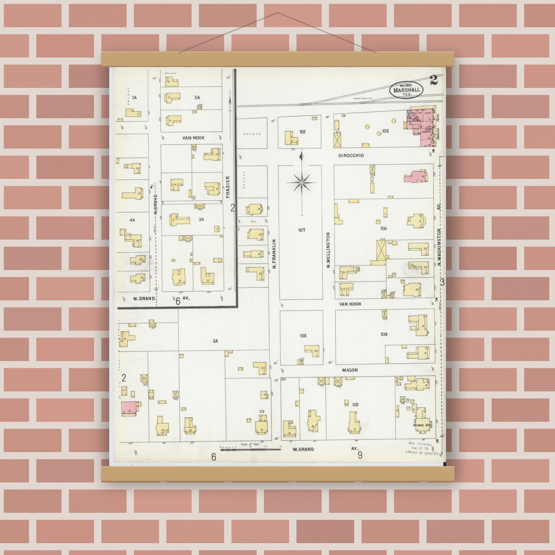 Old map wall art mockup — magnetic wood frame on brick wall — Sanborn Fire Insurance Map from Marshall, Harrison County, Texas (1899), Sheet #0002