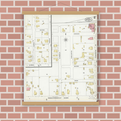 Old map wall art mockup — magnetic wood frame on brick wall — Sanborn Fire Insurance Map from Marshall, Harrison County, Texas (1899), Sheet #0002