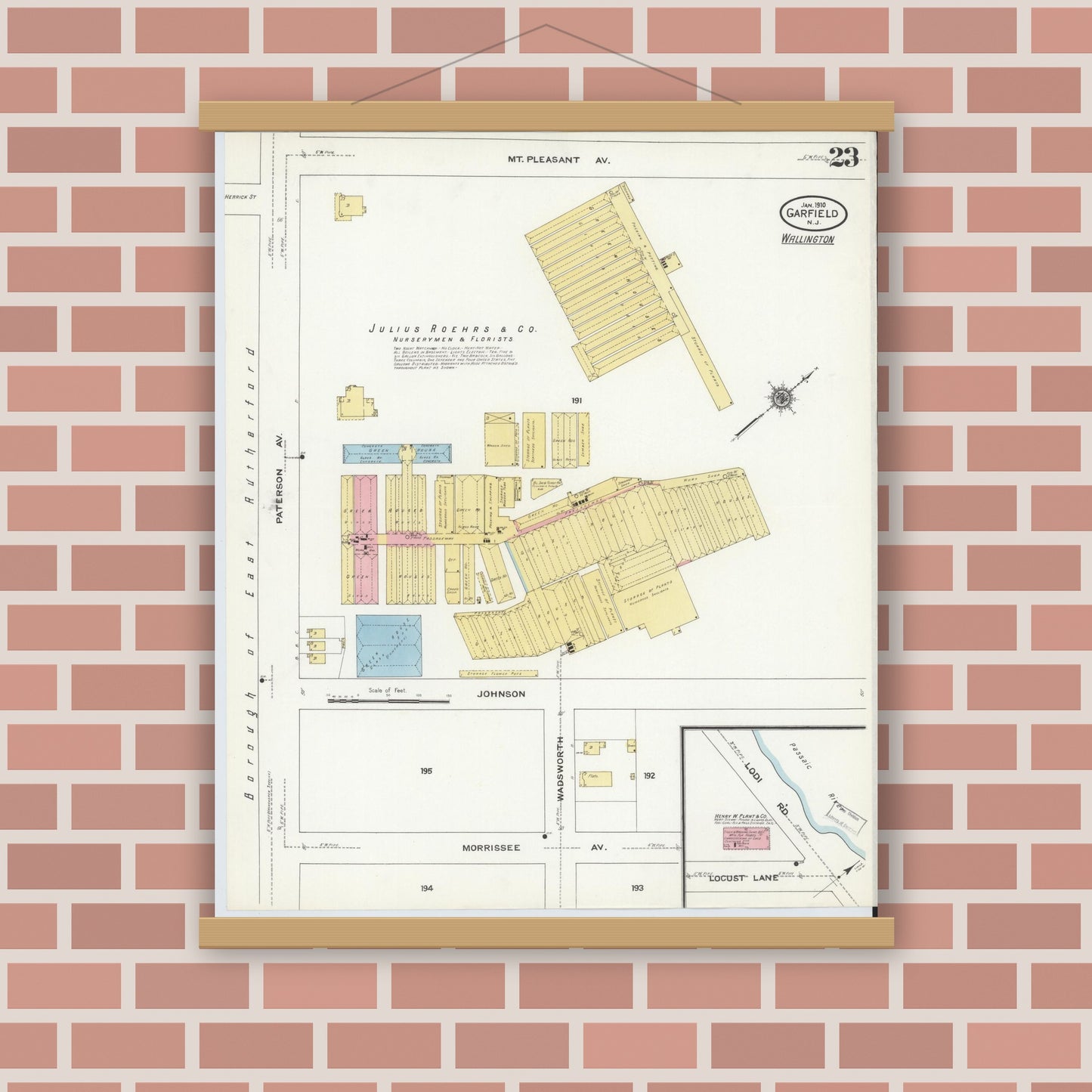 Old map wall art mockup — magnetic wood frame on brick wall — Sanborn Fire Insurance Map from Garfield, Bergen County, New Jersey (1910), Sheet #0023