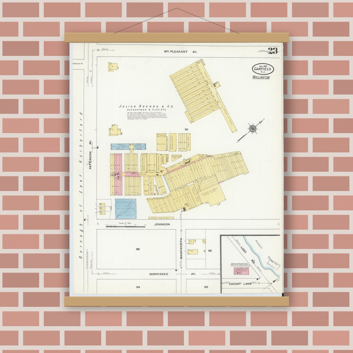 Old map wall art mockup — magnetic wood frame on brick wall — Sanborn Fire Insurance Map from Garfield, Bergen County, New Jersey (1910), Sheet #0023
