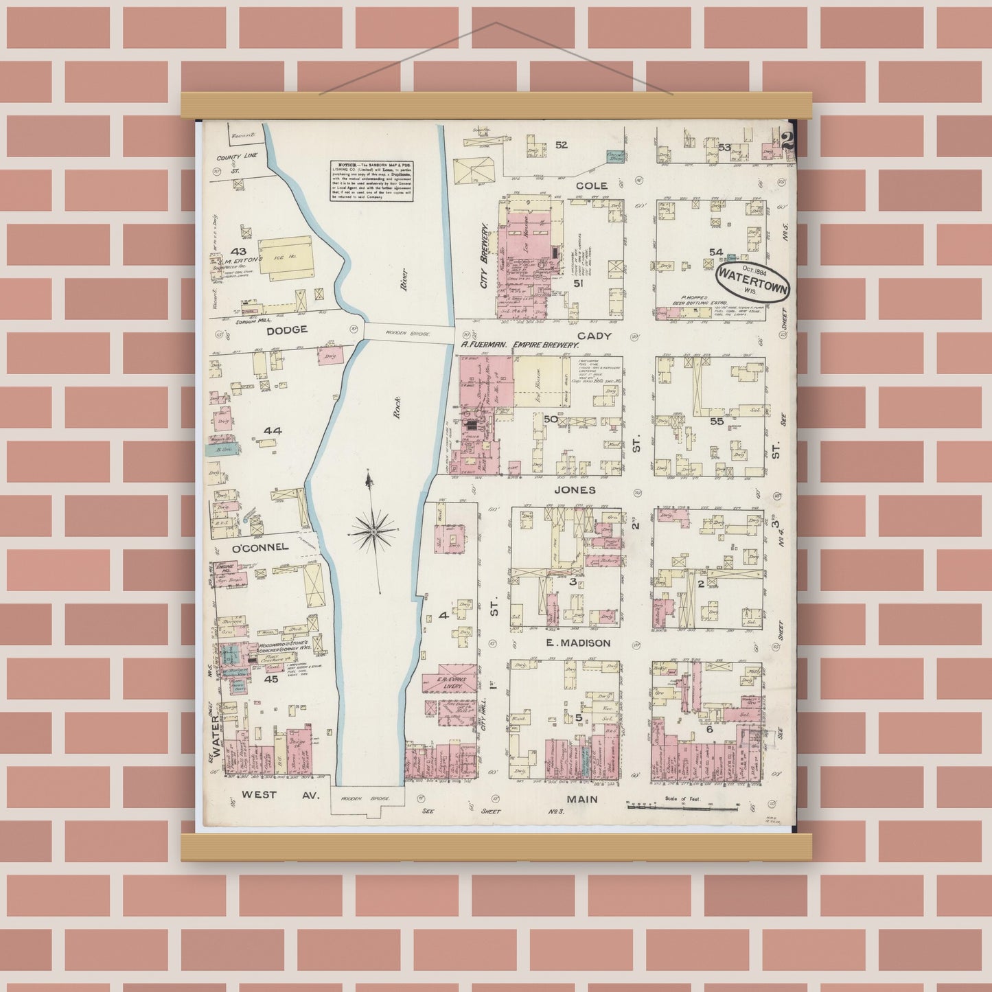 Old map wall art mockup — magnetic wood frame on brick wall — Sanborn Fire Insurance Map from Watertown, Jefferson County, Wisconsin (1884), Sheet #0002