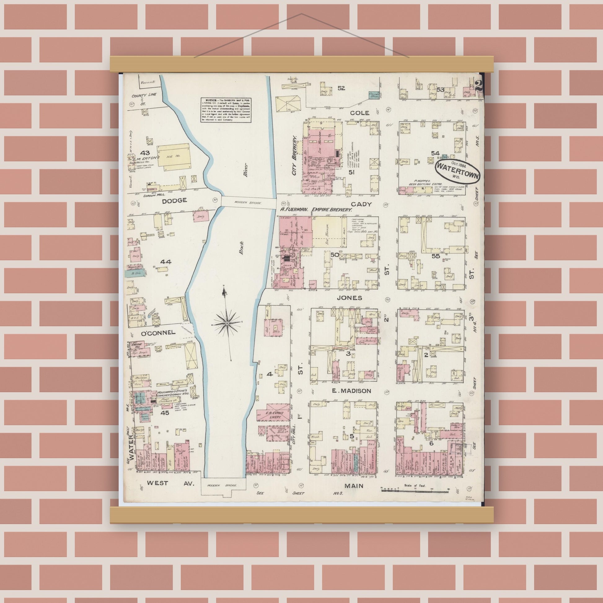 Old map wall art mockup — magnetic wood frame on brick wall — Sanborn Fire Insurance Map from Watertown, Jefferson County, Wisconsin (1884), Sheet #0002