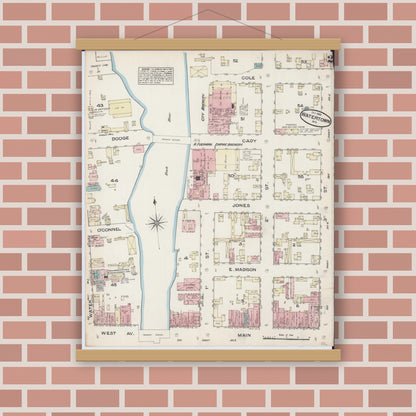 Old map wall art mockup — magnetic wood frame on brick wall — Sanborn Fire Insurance Map from Watertown, Jefferson County, Wisconsin (1884), Sheet #0002