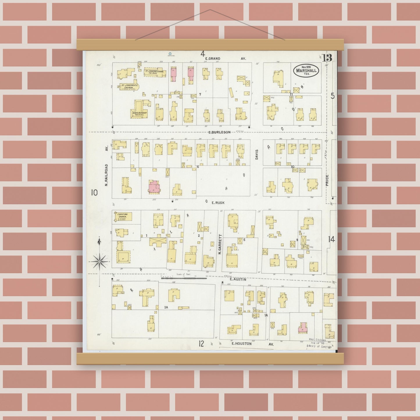 Old map wall art mockup — magnetic wood frame on brick wall — Sanborn Fire Insurance Map from Marshall, Harrison County, Texas (1899), Sheet #0013