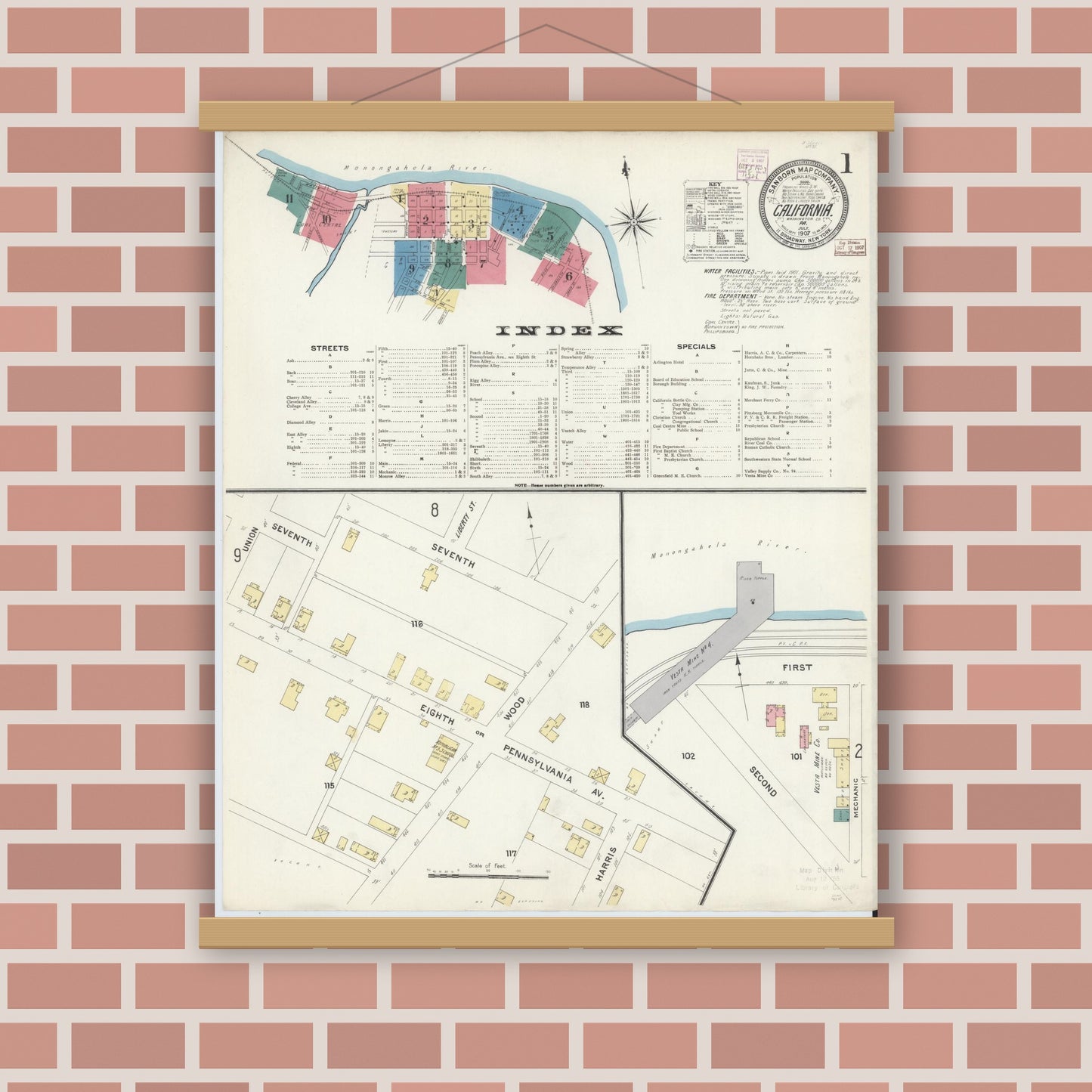 Old map wall art mockup — magnetic wood frame on brick wall — Sanborn Fire Insurance Map from California, Washington County, Pennsylvania (1907) - Complete Map Set
