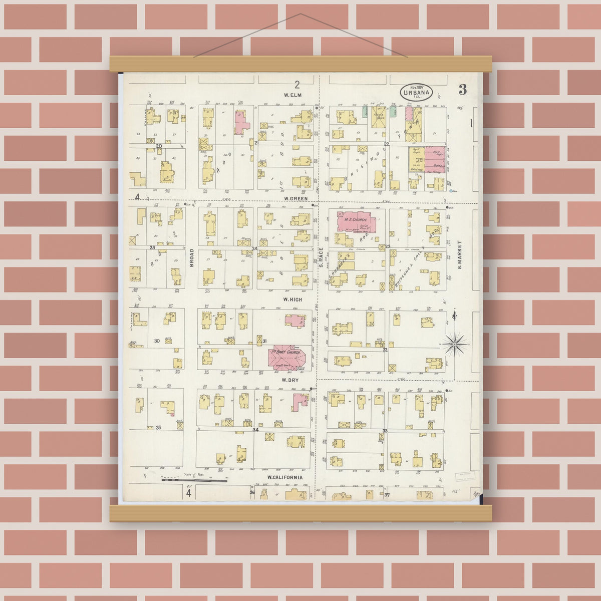 Old map wall art mockup — magnetic wood frame on brick wall — Sanborn Fire Insurance Map from Urbana, Champaign County, Illinois (1897), Sheet #0003