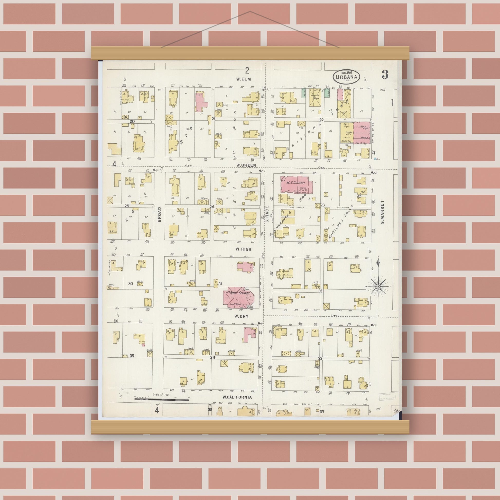 Old map wall art mockup — magnetic wood frame on brick wall — Sanborn Fire Insurance Map from Urbana, Champaign County, Illinois (1897), Sheet #0003