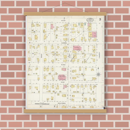 Old map wall art mockup — magnetic wood frame on brick wall — Sanborn Fire Insurance Map from Urbana, Champaign County, Illinois (1897), Sheet #0003