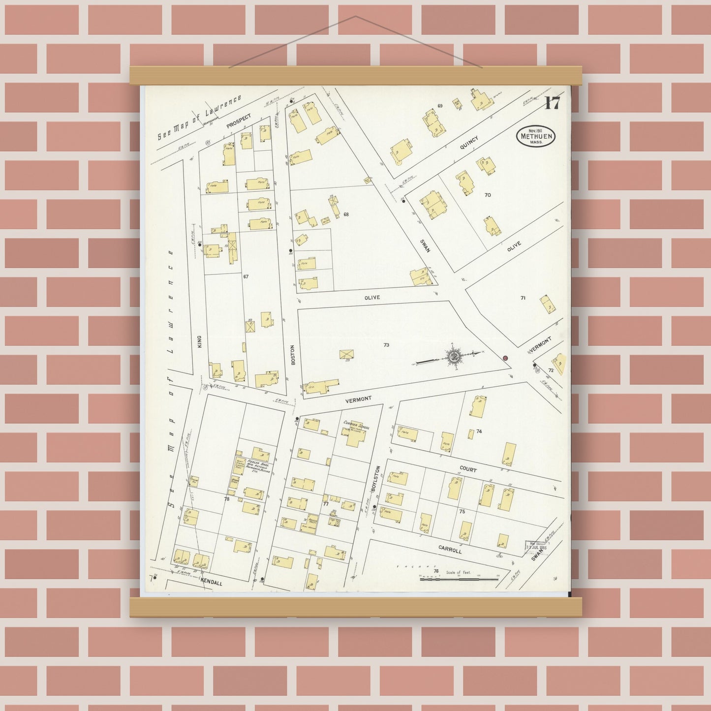 Old map wall art mockup — magnetic wood frame on brick wall — Sanborn Fire Insurance Map from Methuen, Essex County, Massachusetts (1911), Sheet #0017