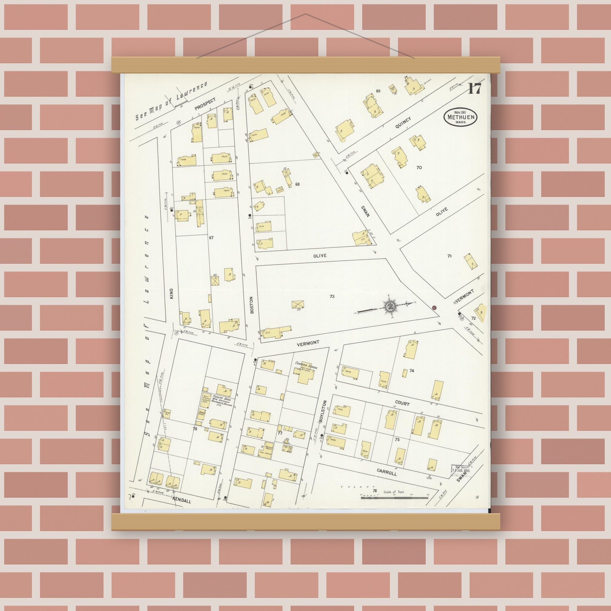 Old map wall art mockup — magnetic wood frame on brick wall — Sanborn Fire Insurance Map from Methuen, Essex County, Massachusetts (1911), Sheet #0017