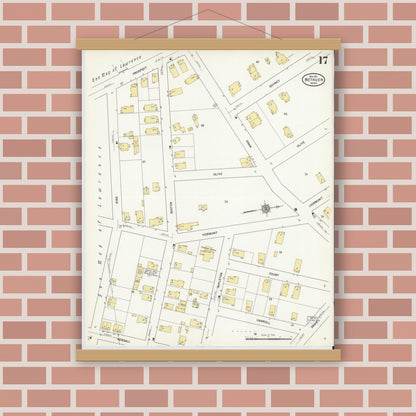 Old map wall art mockup — magnetic wood frame on brick wall — Sanborn Fire Insurance Map from Methuen, Essex County, Massachusetts (1911), Sheet #0017