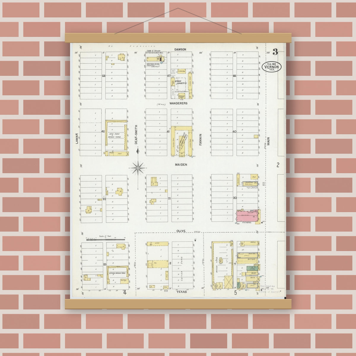 Old map wall art mockup — magnetic wood frame on brick wall — Sanborn Fire Insurance Map from Vernon, Wilbarger County, Texas (1902), Sheet #0003