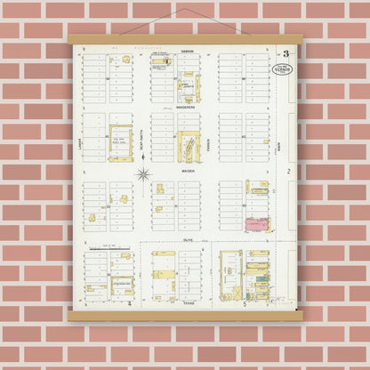 Old map wall art mockup — magnetic wood frame on brick wall — Sanborn Fire Insurance Map from Vernon, Wilbarger County, Texas (1902), Sheet #0003