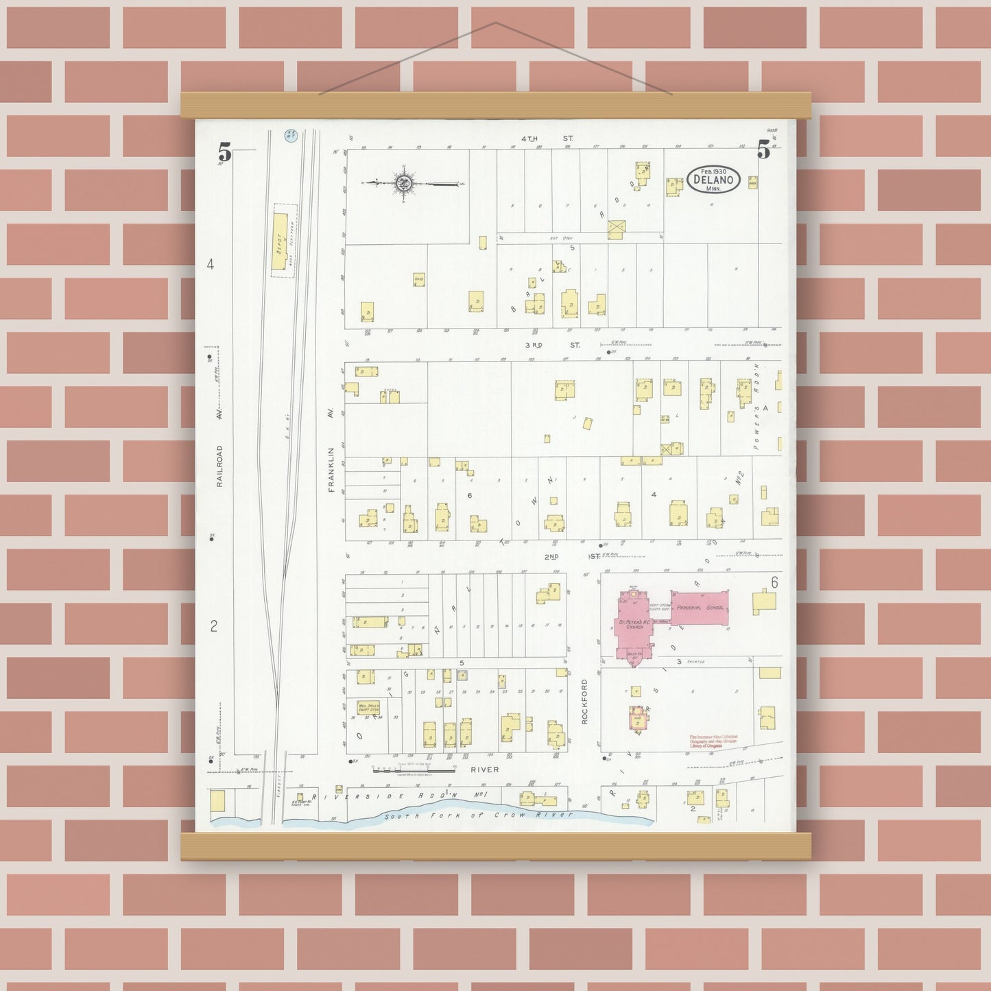 Old map wall art mockup — magnetic wood frame on brick wall — Sanborn Fire Insurance Map from Delano, Wright County, Minnesota (1930), Sheet #0005