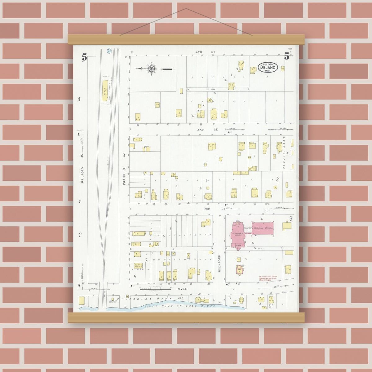 Old map wall art mockup — magnetic wood frame on brick wall — Sanborn Fire Insurance Map from Delano, Wright County, Minnesota (1930), Sheet #0005