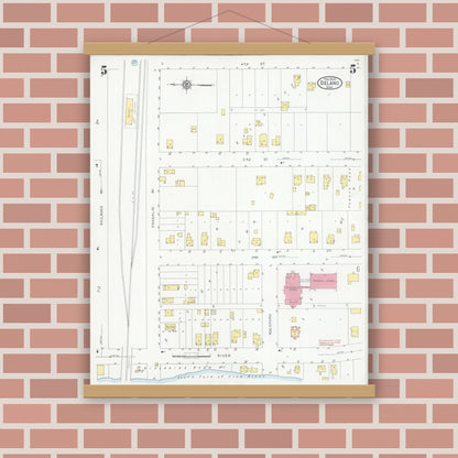 Old map wall art mockup — magnetic wood frame on brick wall — Sanborn Fire Insurance Map from Delano, Wright County, Minnesota (1930), Sheet #0005