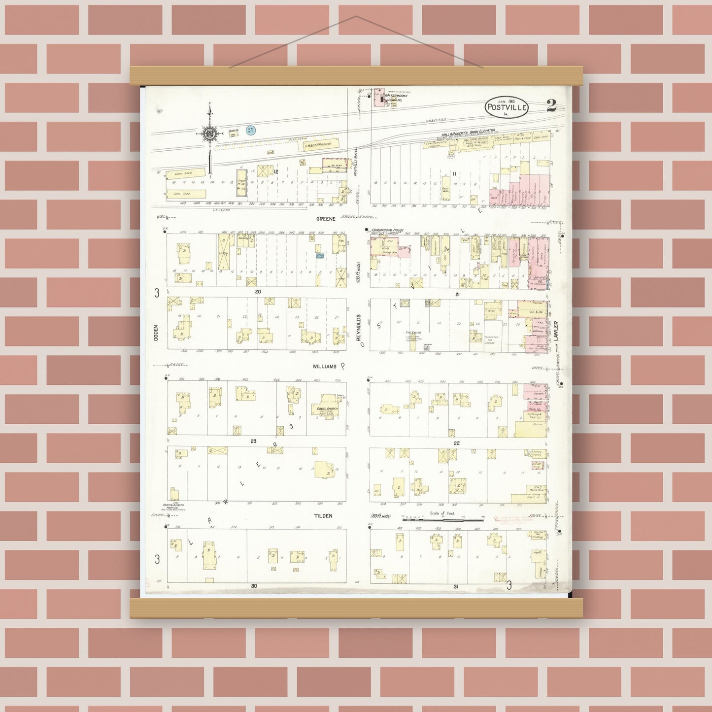 Old map wall art mockup — magnetic wood frame on brick wall — Sanborn Fire Insurance Map from Postville, Allamakee County, Iowa (1913), Sheet #0002