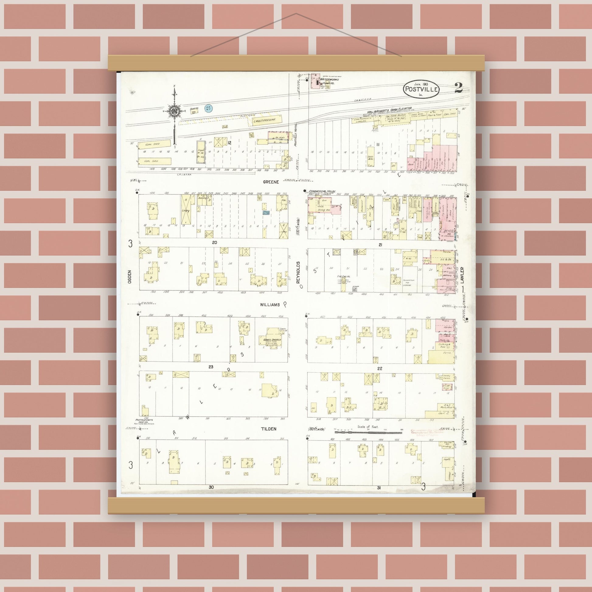 Old map wall art mockup — magnetic wood frame on brick wall — Sanborn Fire Insurance Map from Postville, Allamakee County, Iowa (1913), Sheet #0002