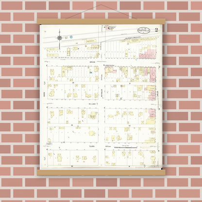 Old map wall art mockup — magnetic wood frame on brick wall — Sanborn Fire Insurance Map from Postville, Allamakee County, Iowa (1913), Sheet #0002