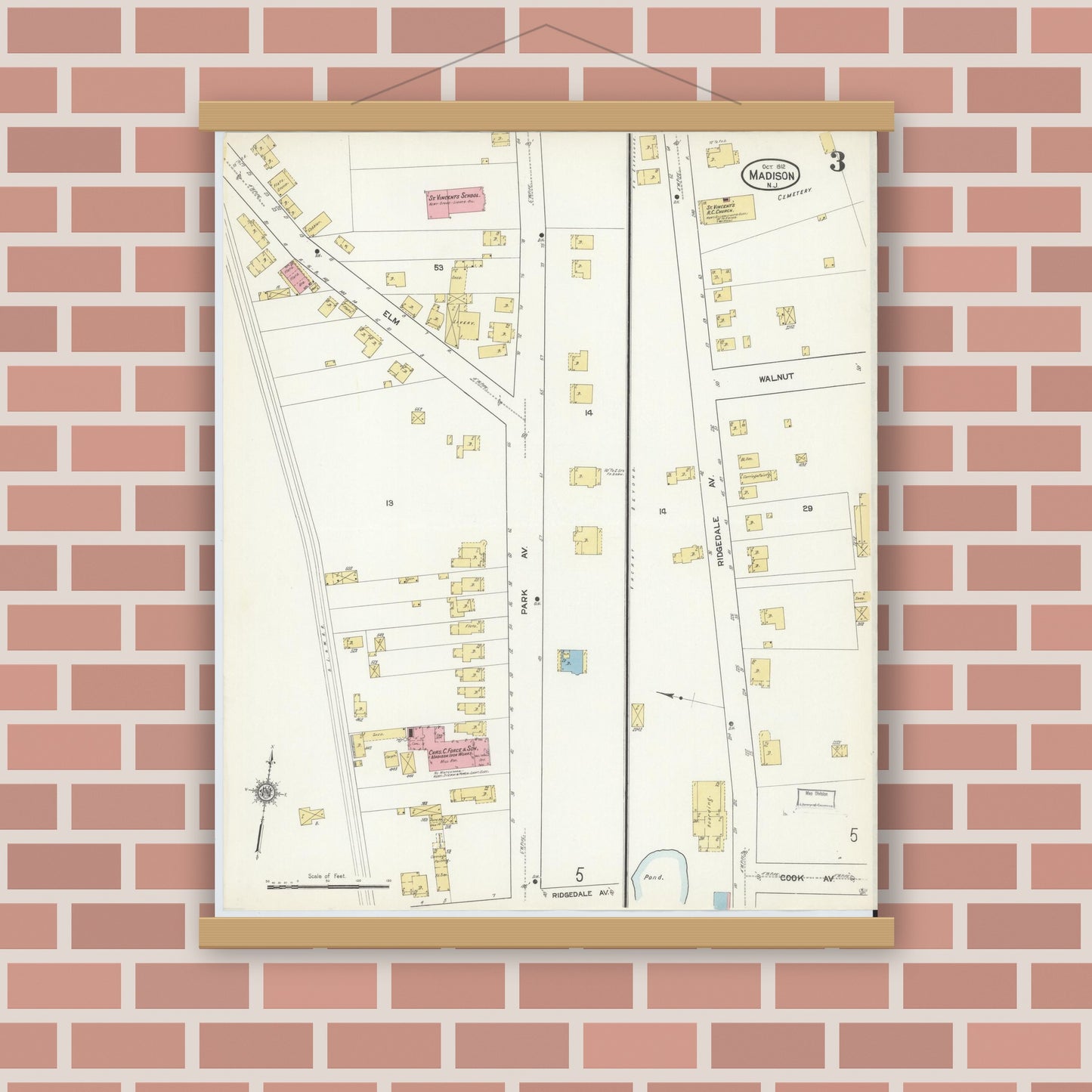 Old map wall art mockup — magnetic wood frame on brick wall — Sanborn Fire Insurance Map from Madison, Morris County, New Jersey (1912), Sheet #0003