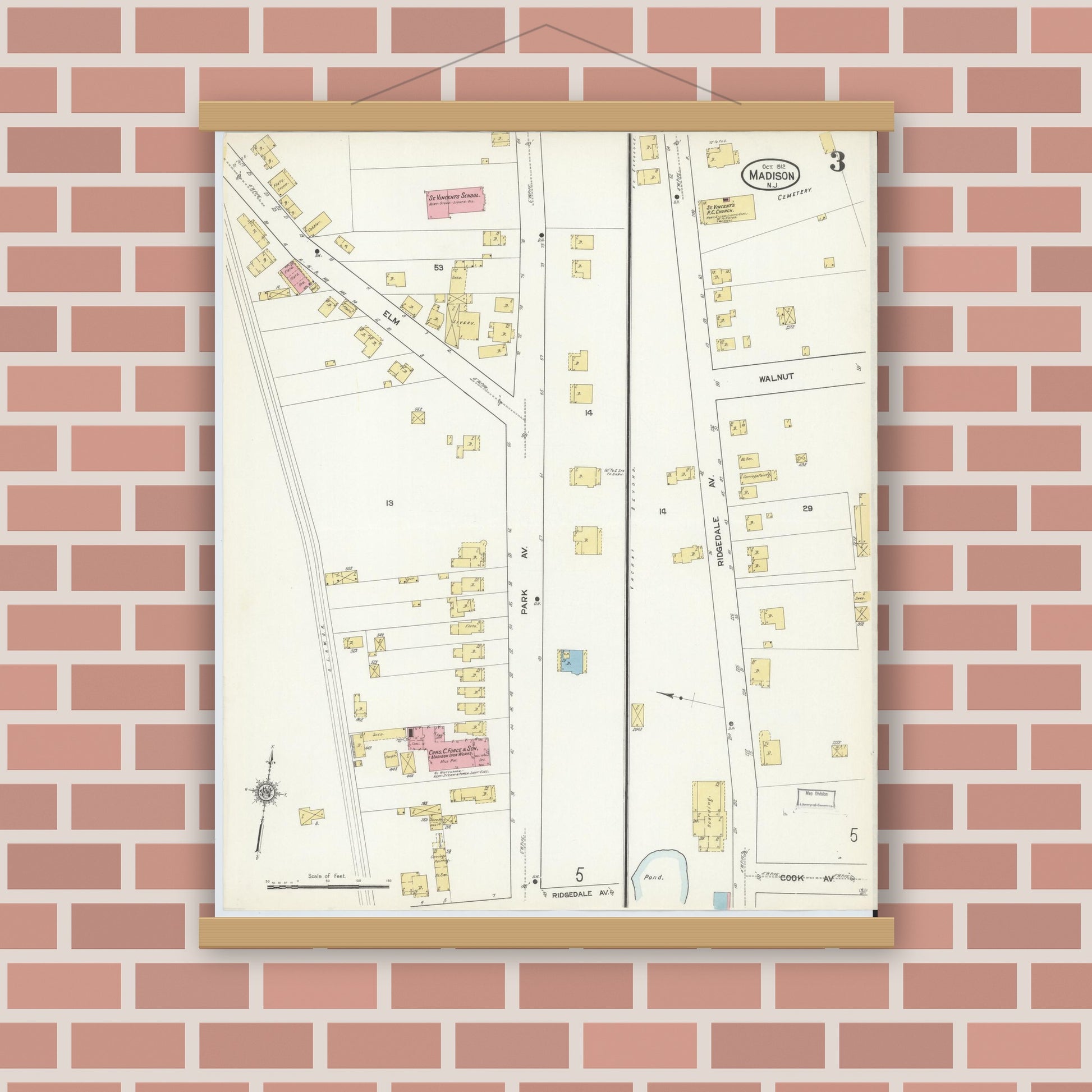 Old map wall art mockup — magnetic wood frame on brick wall — Sanborn Fire Insurance Map from Madison, Morris County, New Jersey (1912), Sheet #0003