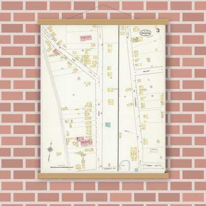Old map wall art mockup — magnetic wood frame on brick wall — Sanborn Fire Insurance Map from Madison, Morris County, New Jersey (1912), Sheet #0003