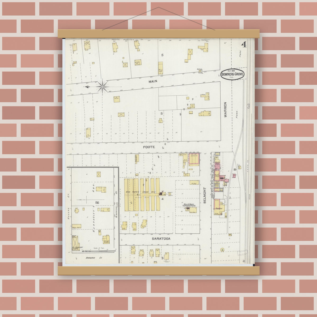 Old map wall art mockup — magnetic wood frame on brick wall — Sanborn Fire Insurance Map from Downers Grove, Dupage County, Illinois (1892), Sheet #0004