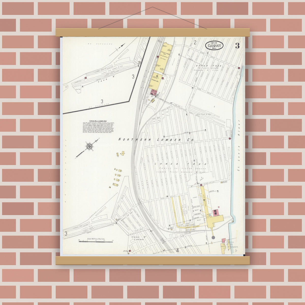 Old map wall art mockup — magnetic wood frame on brick wall — Sanborn Fire Insurance Map from Cloquet, Carlton County, Minnesota (1911), Sheet #0003
