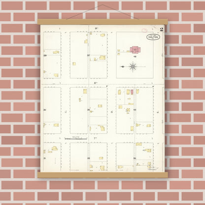 Old map wall art mockup — magnetic wood frame on brick wall — Sanborn Fire Insurance Map from Colton, San Bernardino County, California (1894), Sheet #0002