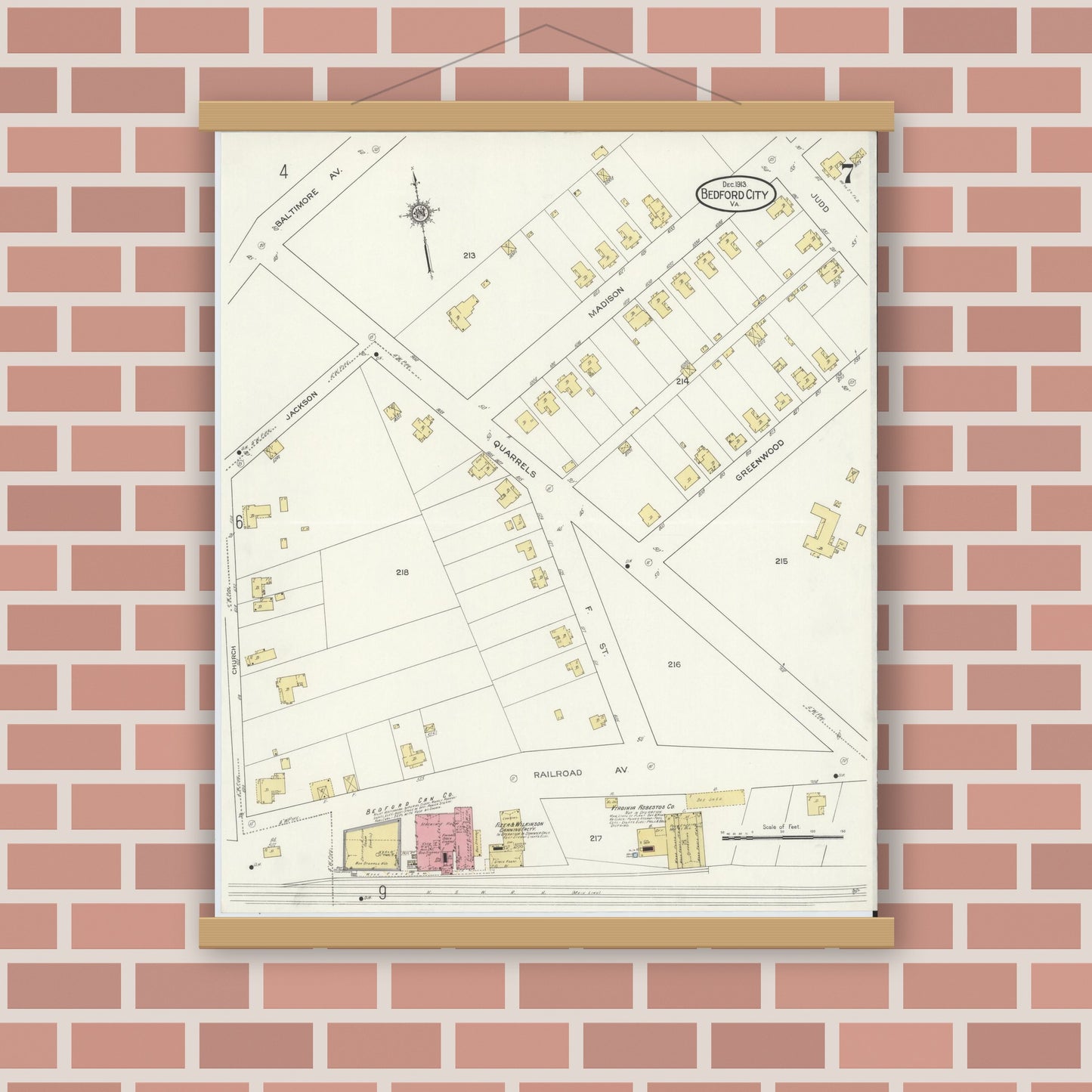 Old map wall art mockup — magnetic wood frame on brick wall — Sanborn Fire Insurance Map from Bedford, Independent Cities, Virginia (1913), Sheet #0007
