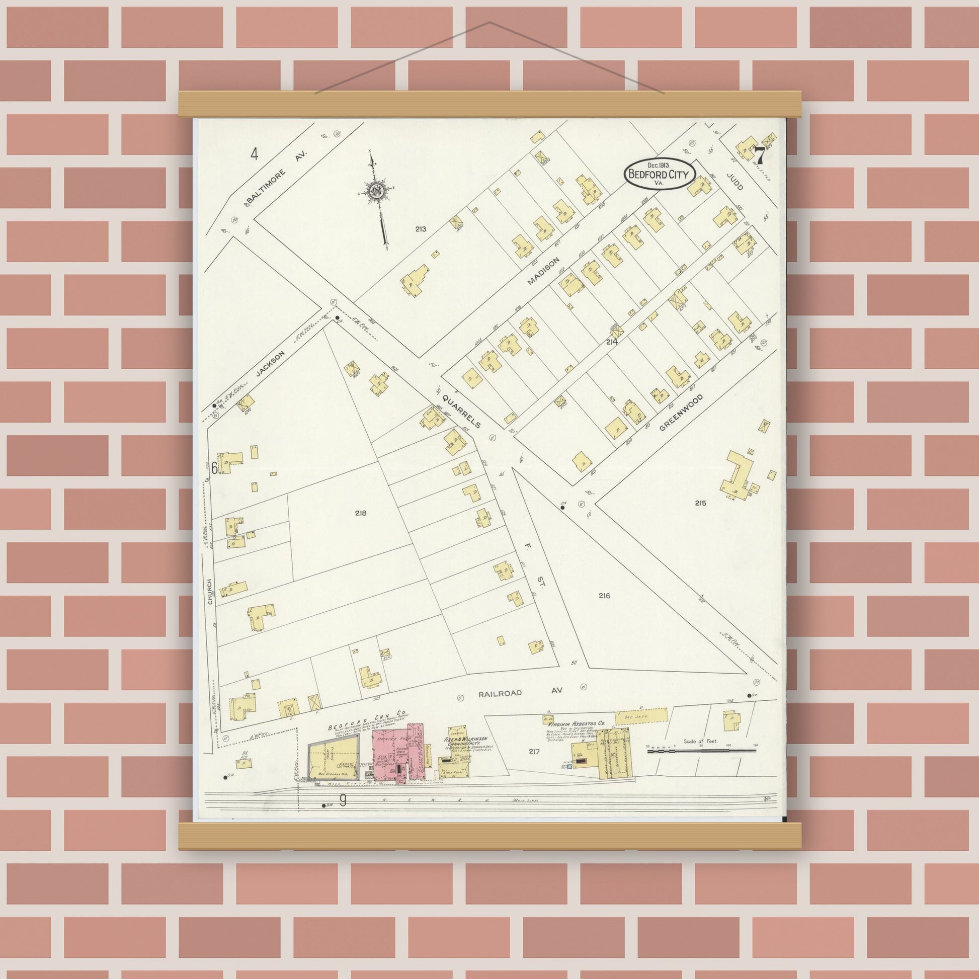 Old map wall art mockup — magnetic wood frame on brick wall — Sanborn Fire Insurance Map from Bedford, Independent Cities, Virginia (1913), Sheet #0007