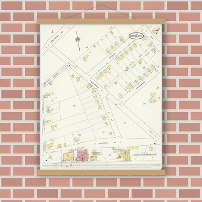 Old map wall art mockup — magnetic wood frame on brick wall — Sanborn Fire Insurance Map from Bedford, Independent Cities, Virginia (1913), Sheet #0007