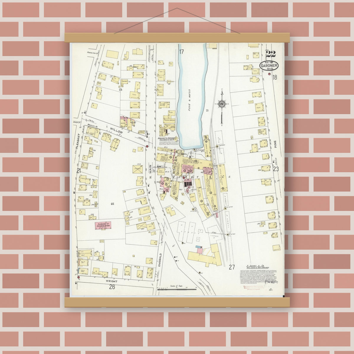 Old map wall art mockup — magnetic wood frame on brick wall — Sanborn Fire Insurance Map from Gardner, Worcester County, Massachusetts (1914), Sheet #0022