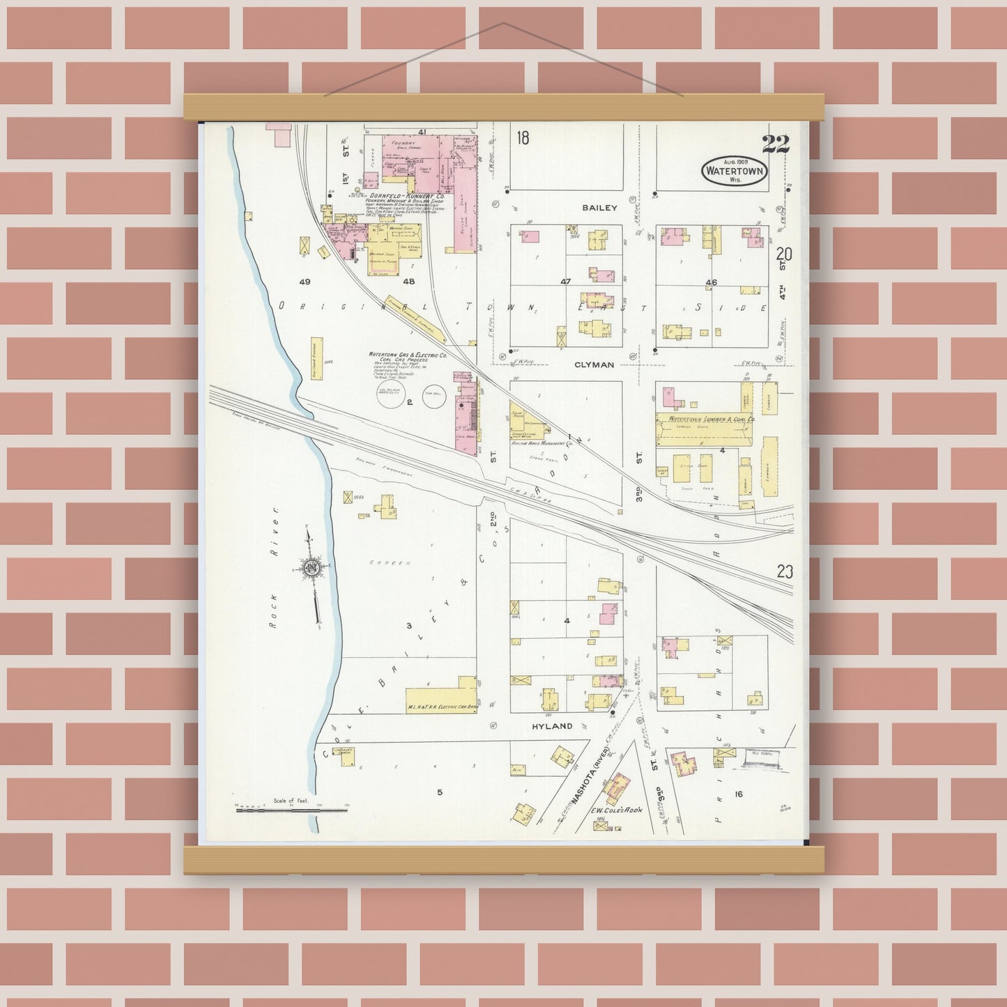 Old map wall art mockup — magnetic wood frame on brick wall — Sanborn Fire Insurance Map from Watertown, Jefferson County, Wisconsin (1909), Sheet #0022