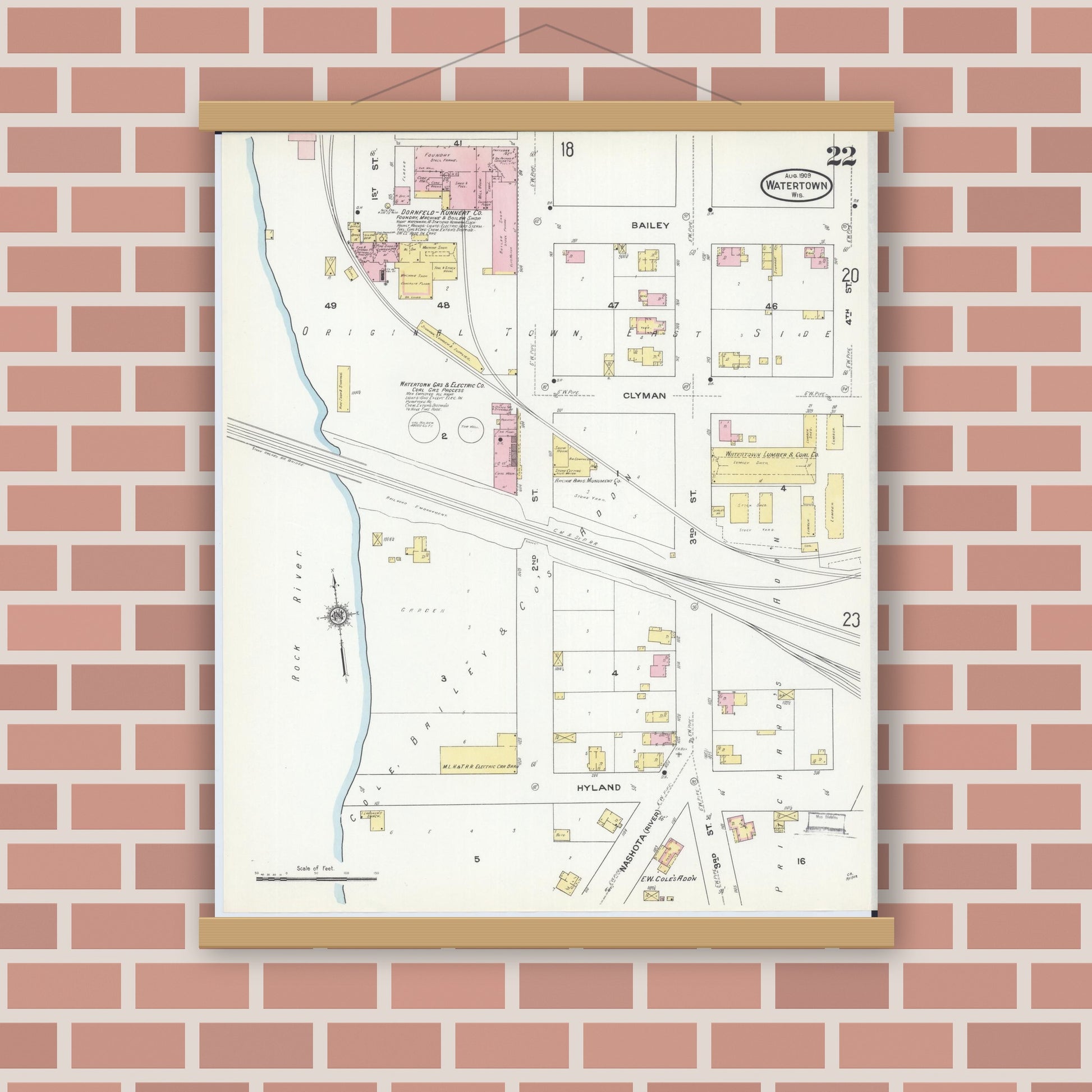 Old map wall art mockup — magnetic wood frame on brick wall — Sanborn Fire Insurance Map from Watertown, Jefferson County, Wisconsin (1909), Sheet #0022