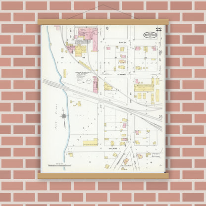 Old map wall art mockup — magnetic wood frame on brick wall — Sanborn Fire Insurance Map from Watertown, Jefferson County, Wisconsin (1909), Sheet #0022