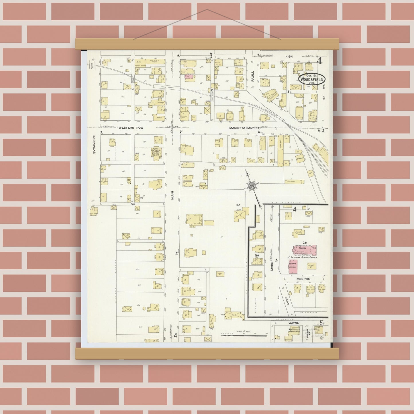 Old map wall art mockup — magnetic wood frame on brick wall — Sanborn Fire Insurance Map from Woodsfield, Monroe County, Ohio (1911), Sheet #0004