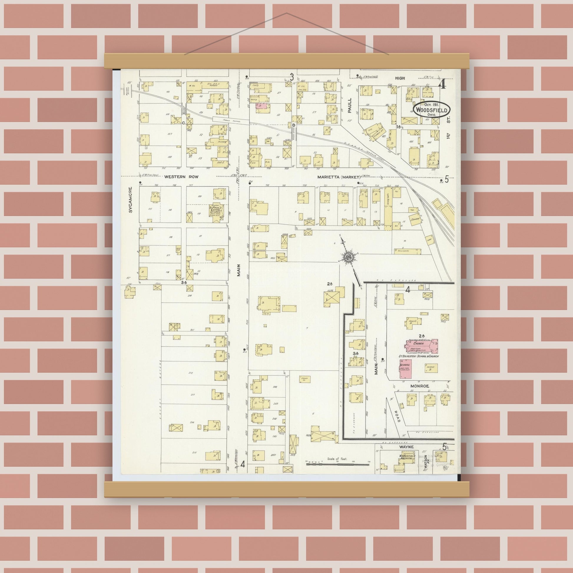 Old map wall art mockup — magnetic wood frame on brick wall — Sanborn Fire Insurance Map from Woodsfield, Monroe County, Ohio (1911), Sheet #0004