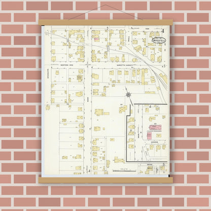 Old map wall art mockup — magnetic wood frame on brick wall — Sanborn Fire Insurance Map from Woodsfield, Monroe County, Ohio (1911), Sheet #0004