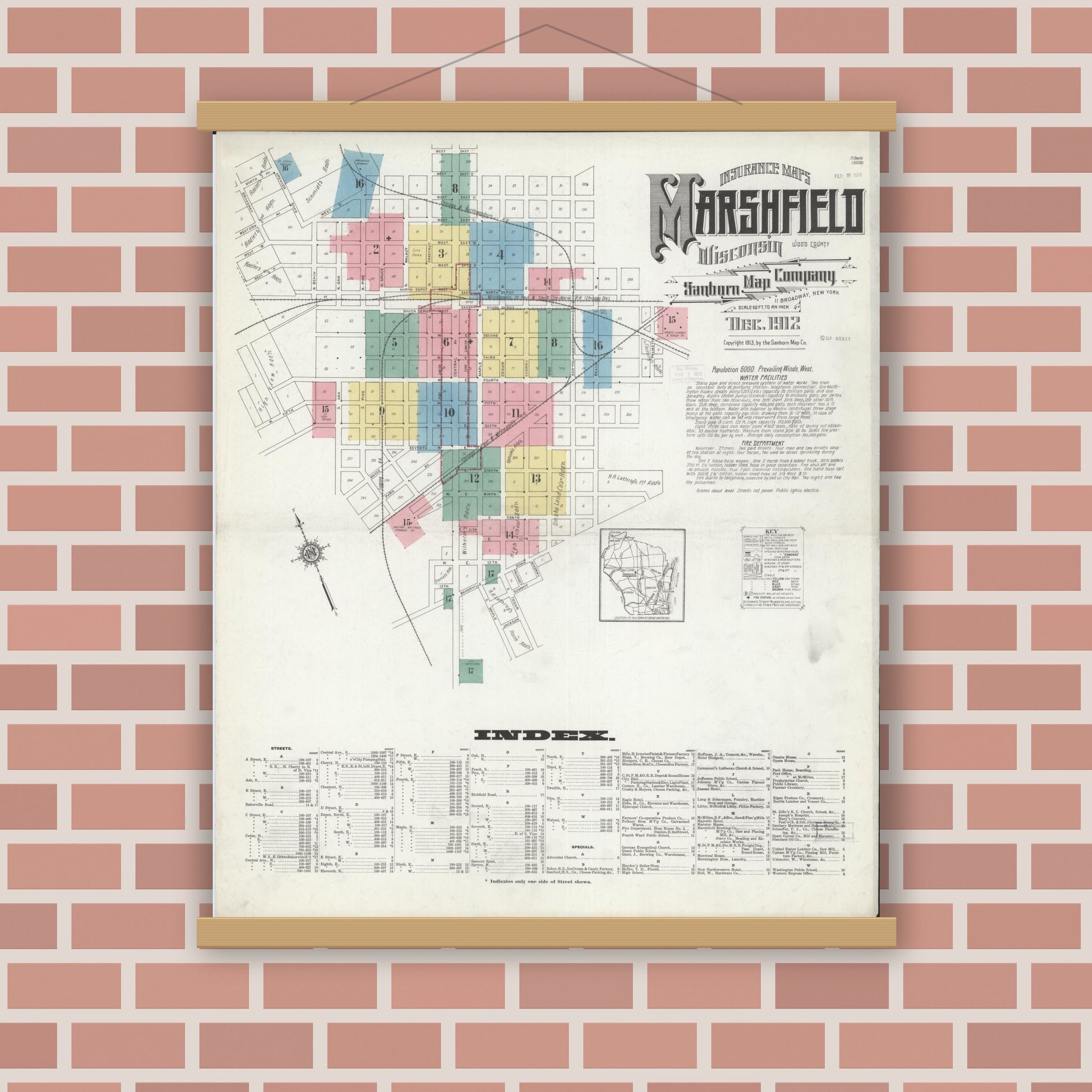 Old map wall art mockup — magnetic wood frame on brick wall — Sanborn Fire Insurance Map from Marshfield, Wood County, Wisconsin (1912) - Complete Map Set
