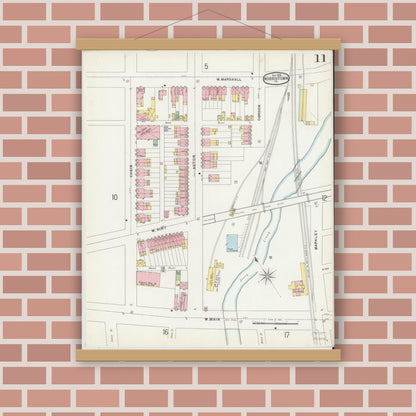 Old map wall art mockup — magnetic wood frame on brick wall — Sanborn Fire Insurance Map from Norristown, Montgomery County, Pennsylvania (1896), Sheet #0011