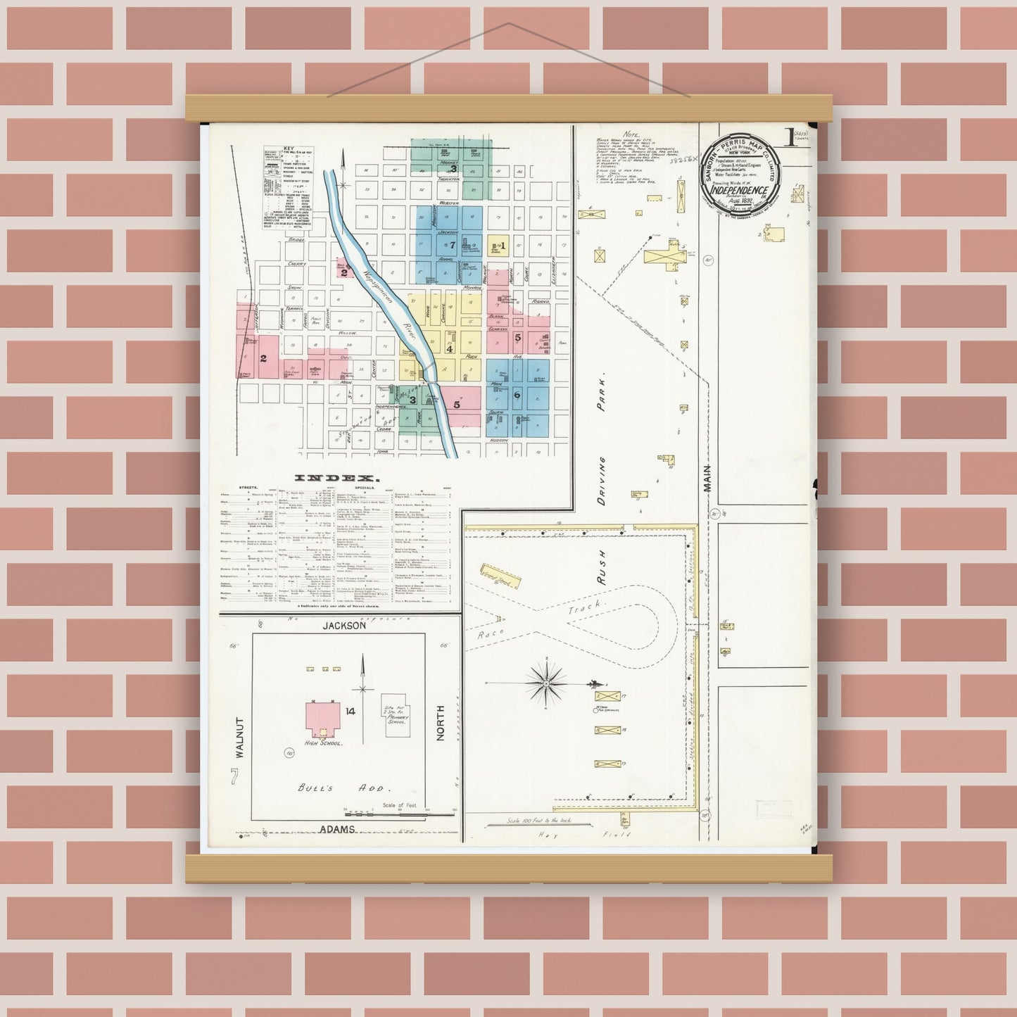 Old map wall art mockup — magnetic wood frame on brick wall — Sanborn Fire Insurance Map from Independence, Buchanan County, Iowa (1892) â€” Complete Set