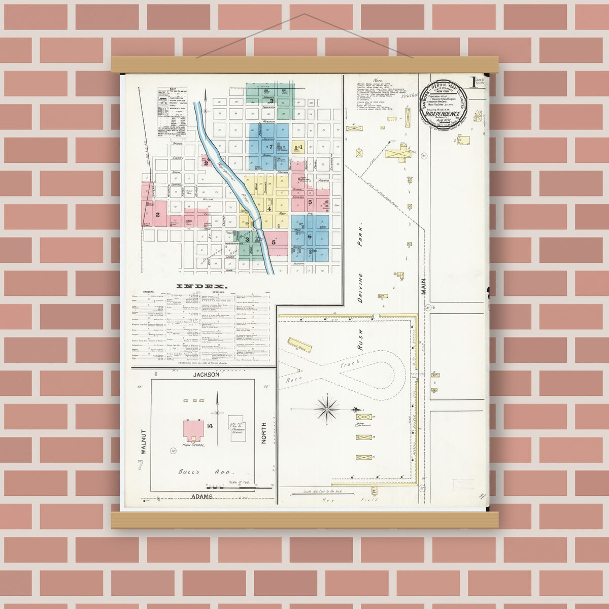 Old map wall art mockup — magnetic wood frame on brick wall — Sanborn Fire Insurance Map from Independence, Buchanan County, Iowa (1892) â€” Complete Set