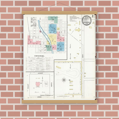 Old map wall art mockup — magnetic wood frame on brick wall — Sanborn Fire Insurance Map from Independence, Buchanan County, Iowa (1892) â€” Complete Set
