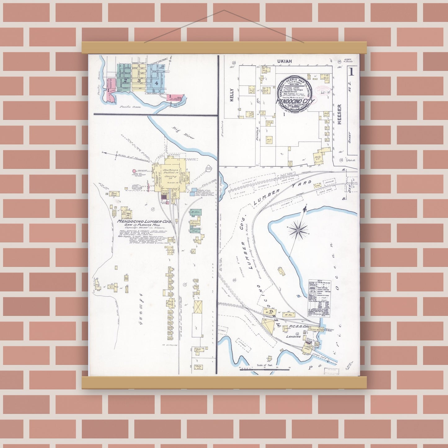 Old map wall art mockup — magnetic wood frame on brick wall — Sanborn Fire Insurance Map from Mendocino, Mendocino County, California (1890), Sheet #0001
