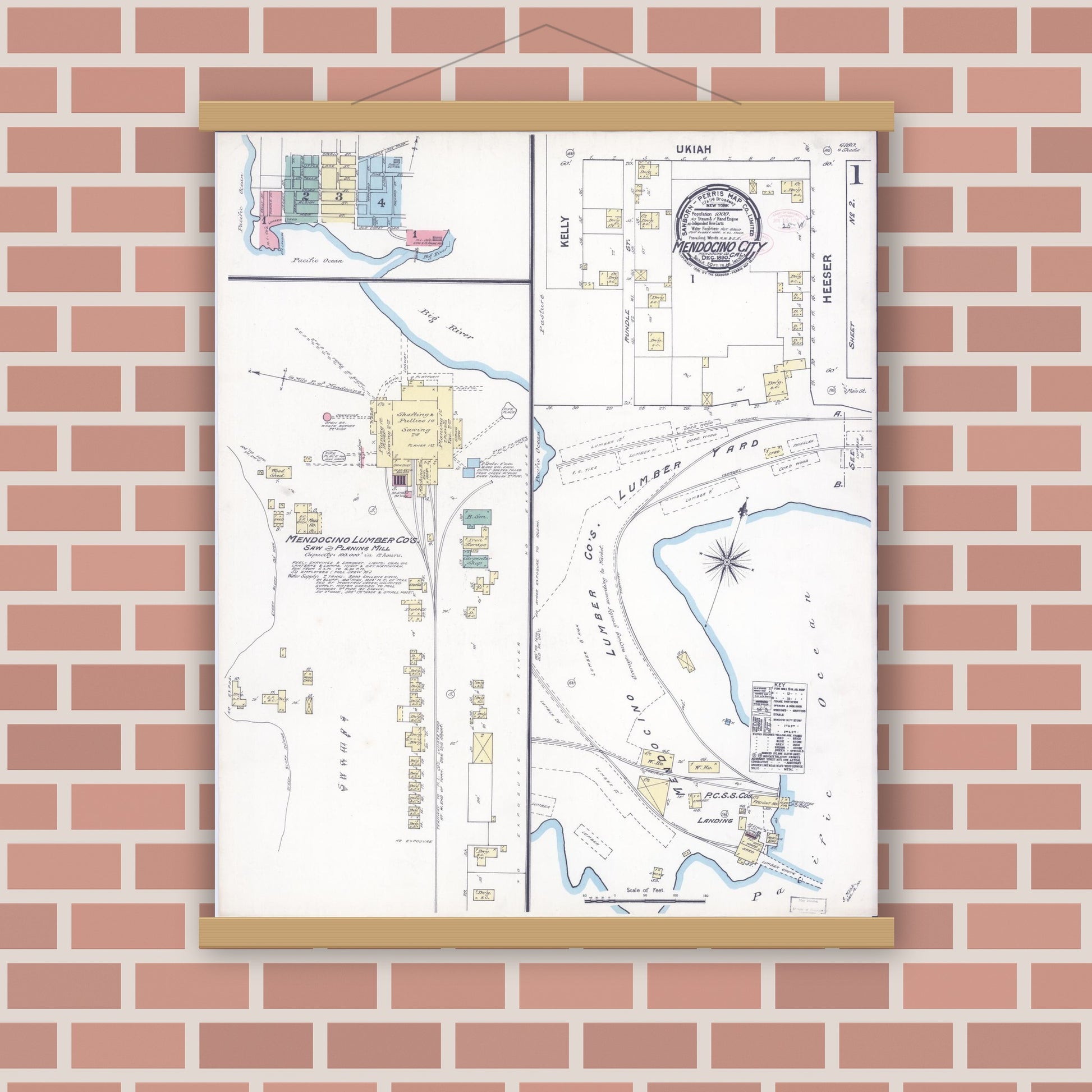 Old map wall art mockup — magnetic wood frame on brick wall — Sanborn Fire Insurance Map from Mendocino, Mendocino County, California (1890), Sheet #0001
