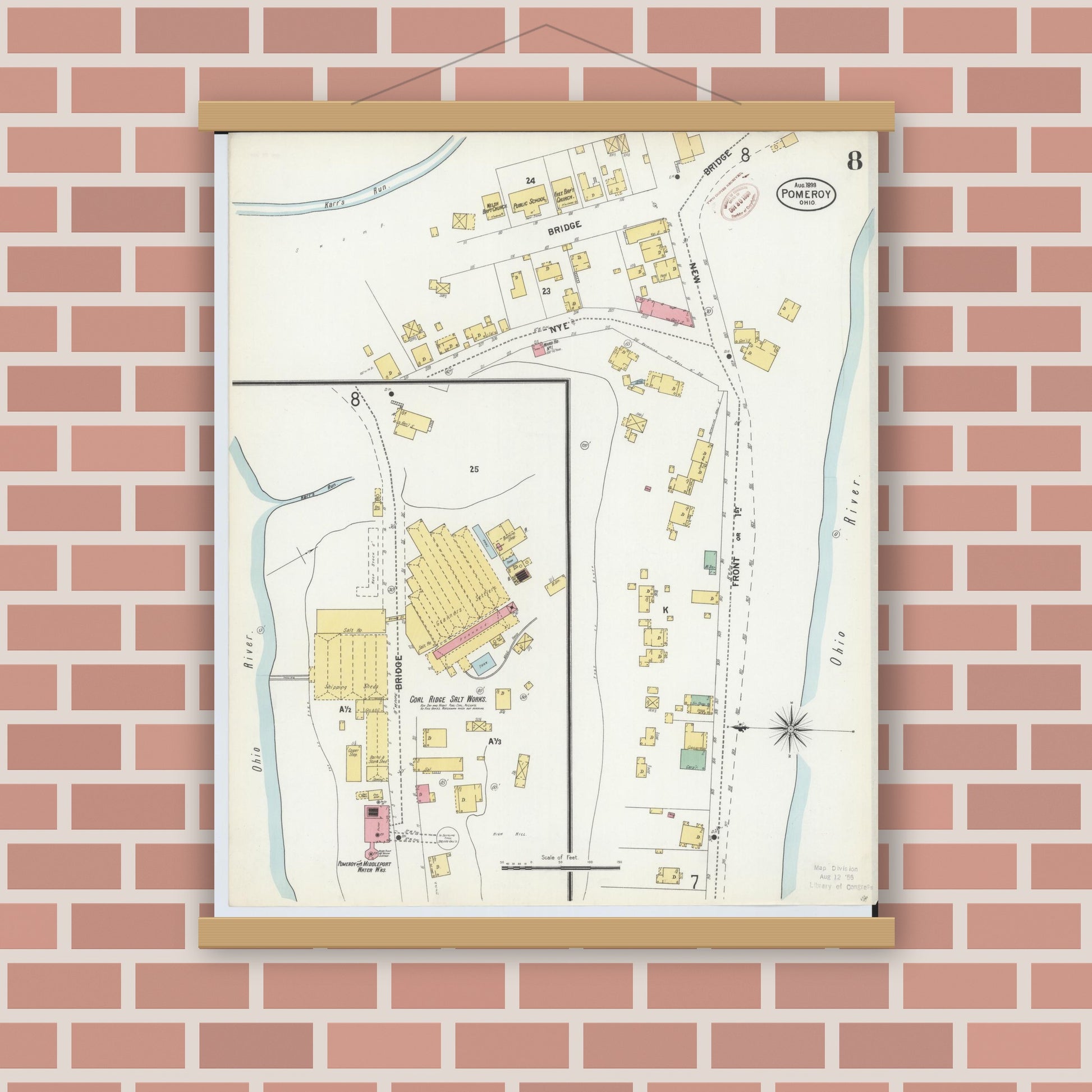 Old map wall art mockup — magnetic wood frame on brick wall — Sanborn Fire Insurance Map from Pomeroy, Meigs County, Ohio (1899), Sheet #0008