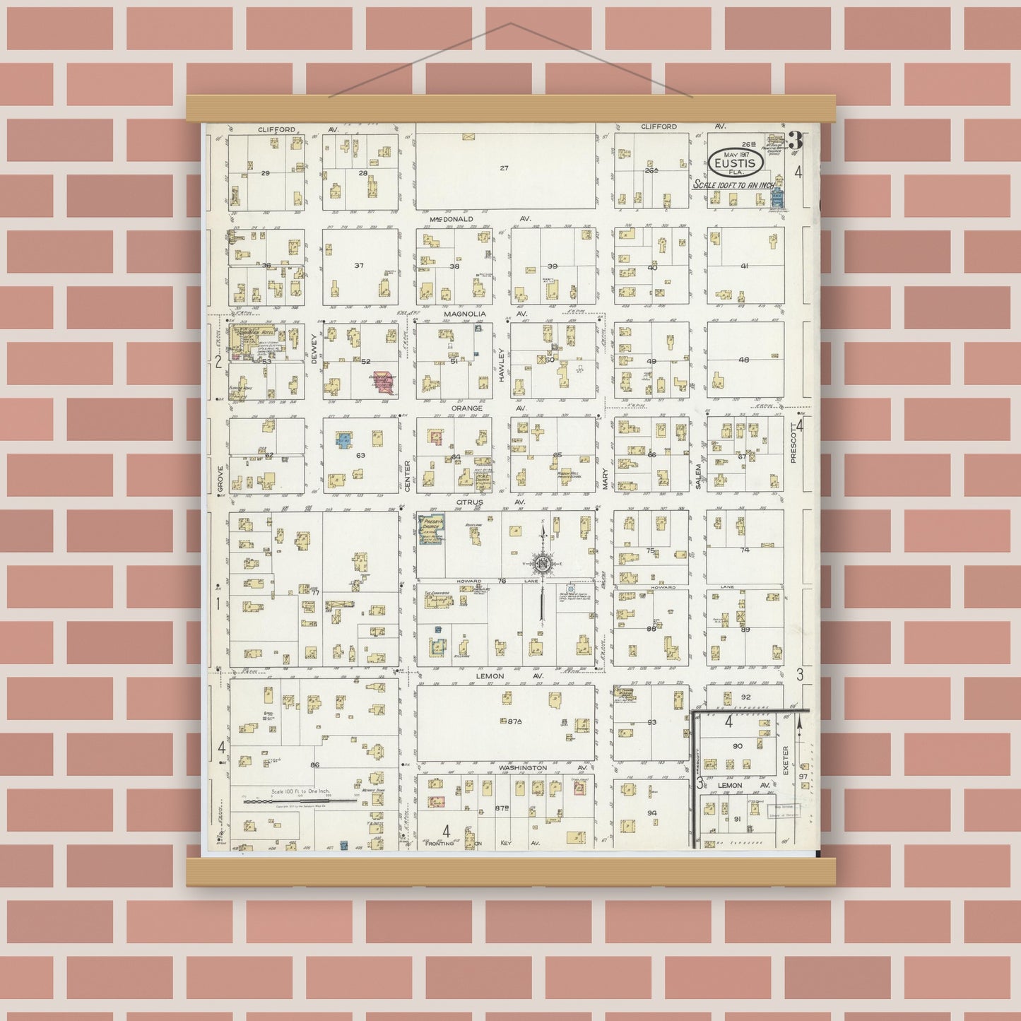 Old map wall art mockup — magnetic wood frame on brick wall — Sanborn Fire Insurance Map from Eustis, Lake County, Florida (1917), Sheet #0003